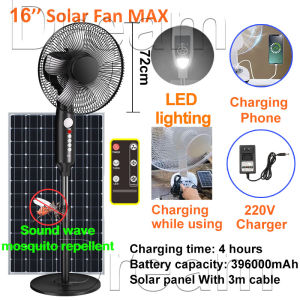 【Touch style】 Solar Desk fan Stand fan wall fan with charger with solar panel 2 LED lights 16 inch Aluminum products outdoorwaterproof IP67 ample power Strong wind force No noise long service life Used for living room table 30 year warranty