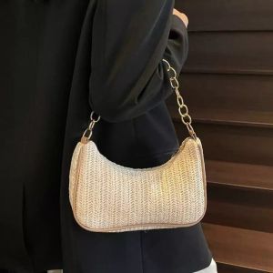 HP7HG Bohemian Straw Shoulder Bag Square Zipper Weave Underarm Bag Casual Mobile Phone Pouch Clutch Bag Girls