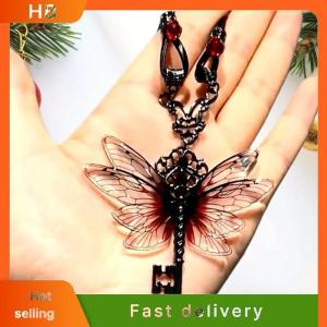 HB Y2K Dragonfly Key Red Zircon Necklace Pendant Wings Retro Punk Leather Hip Hop Choker Trendy Womens Jewelry Gifts