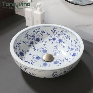 LDIES Torayvino Blue and White Porcelain Ceramic Lavatory Bathtub Mixer Washbasin Bathroom Vessel Sink Faucet Set with Pop-up Drain 2T9R4