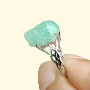 Newly Listed - SG Local Seller - Crafted as Light Green Hue Pixiu on High Quality Natural Type A Jadeite Jade set with S925 as adjustable Ring certificate weighs 2.27 grams measurement 11.8 * 8 * 5 mm (s925ring26)