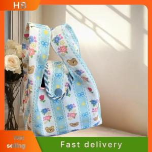 HB Cute Bear Floral Print Portable Handheld Bag Large Capacity Office Sundries Wrist Bag Lunch Bag