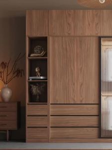 Sliding Door Wardrobe Home Bedroom Small Apartment Combination Glass Sliding Door Cabinet Wood Color Finished Wardrobe