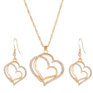 3 Pcs Set Heart Shaped Jewelry Set Of Earrings Pendant Necklace For Women Exquisite Fashion Rhinestone Double Heart Jewelry Set
