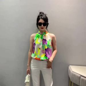 Ammin 2024 Mùa Hè Mới Cổ cổ tròn không tay Off-The-Vai Áo voan Cho Phụ Nữ phong cách Hàn Quốc Cổ Điển Đầy Màu Sắc in hoa Giản Dị Áo Blouse thanh lịch