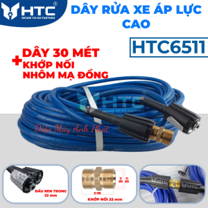 Dây rửa xe 10-30M 6.5 x 11mm ren 22mm từ nhựa PVC áp lực cao 420 bar (6090PSI) kèm súng rửa xe màu xanh chính hãng HTC