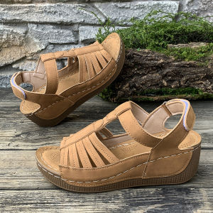 Velcro Retro WomenS Sandals With Stitching Anti-Slip Large Size Round Toe Wedge Heel Comfortable Sandals For Women