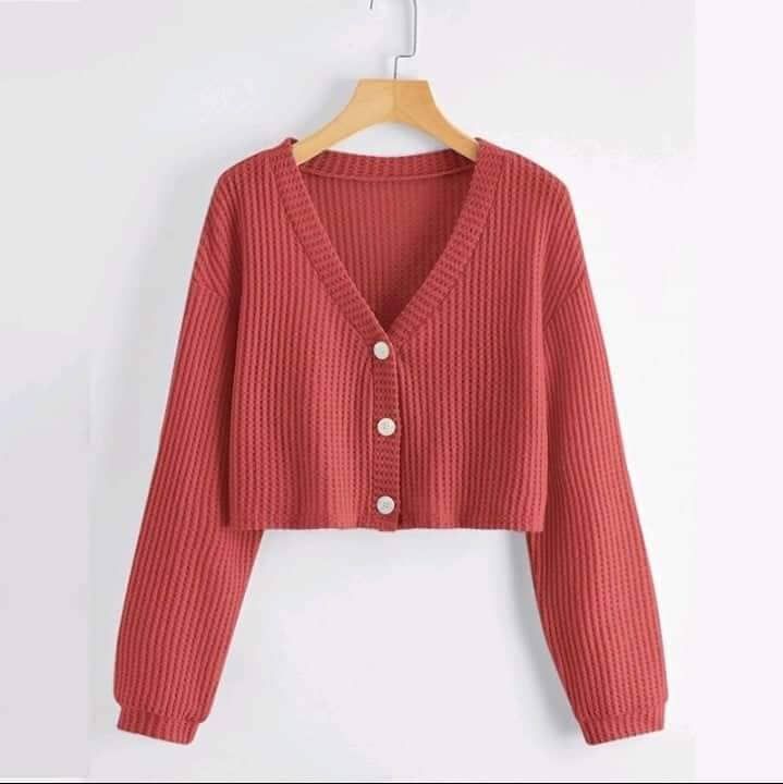 Waffle Knitted Drop Shoulder Top Cardigan Button Front Crop Top