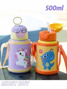 ขวดน้ำเก็บความร้อนเด็ก 500 มล. ขวดน้ำเก็บความร้อนเด็กน่ารัก ขวดน้ำสแตนเลสสำหรับเด็ก แก้วน้ำพกพา