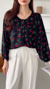 Ammin phong cách Hàn Quốc Cổ Điển Thời Trang Cherry in hoa quả tay áo phồng Áo voan Phụ Nữ Của 2024 Mùa Xuân/Mùa Hè Vòng cổ đơn giản Tay áo dài in hoa áo blouse thanh lịch