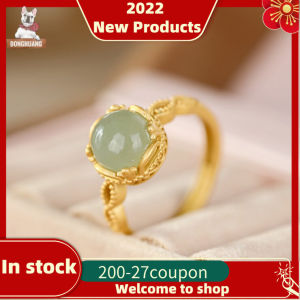 Hot Sale Fashion S925 Sterling Silver Gold Inlaid Hetian Jade Sapphire Round Egg Noodles Palace Style 18k Ring Pawnable Legit for Women