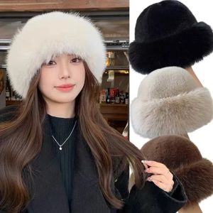 Q-1151 STORE Plush Winter Hat Fluffy Fur Solid Color Bucket Hat  Cold Windproof Panama Cap for Women Girls