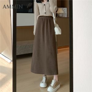 Ammin phong cách Hàn Quốc Vải nhung kẻ rộng thường ngày Chân váy dài nữ 2024 mùa xuân và mùa thu eo cao đàn hồi thiết kế khe hở lưng chân váy ngắn thanh lịch