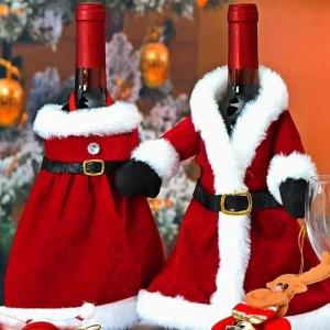 ZEEMIN 1/6PCS Red Velvet Dress Clothes Wine Bottle Covers Christmas Wine Bottle Bags Xmas New Year Party Dinner Table Decoration Gifts