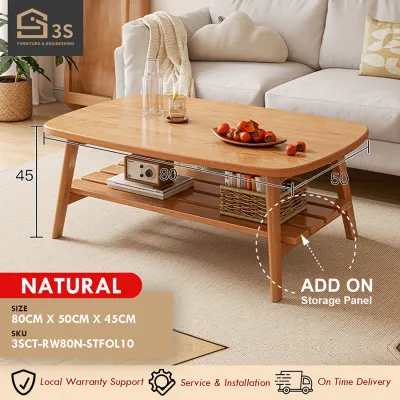[3S FURNITURE] Modern Rustic Simple Solid Rubber Wood Foldable Coffee Table with Storage Panel * FREE DELIVERY *