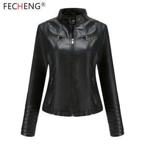 FECHENG Women Leather Jacket Zipper Autumn Spring Motorcycle Leather Jacket Ladies 2023