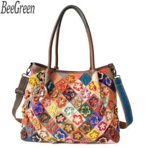 BeeGreenหนังวัวจริงกระเป๋าถือดอกไม้หลากสีกระเป๋าสะพายไหล่สำหรับผู้หญิงที่เดินทางมาพักผ่อนขนาดใหญ่กระเป๋าเลดี้กระเป๋าเดินทาง