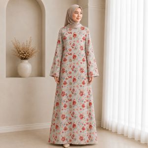 Jubah Muslimah Floral Cotton Premium - Zip Depan Mesra Menyusu BF Friendly - Potongan Labuh A-Cut Selesa