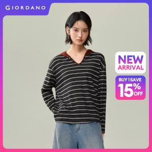 Giordano Women Striped v-neck long sleeve hooded tee Free Shipping 18326719