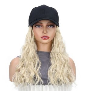 NO4 PANDA One Piece Black Baseball Cap With Wig Highlights Synthetic Long Wavy Bob Hair Hair Extensions Sun Cap Adjustable Hat Wig Women