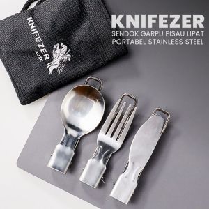 Sendok Garpu Lipat Kniefzer 3 IN 1 Portabel Stainless Steel Survival Alat Makan Outdoor Camping Hiking
