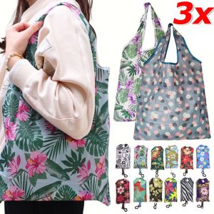 3Pcs Reusable Eco-Friendly Foldable Shopping Tote Bag Durable Groceries Tote Bag with Handles Large-capacity Printing Flower Shopping Bags