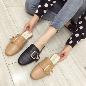 MANXIXI Brand Korean Version Lazy Mules Sandals Leather Flat Slippers Black Apricot Brown Shoes For Women (35-41 Size)