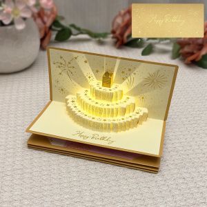 MMLUCK Gấp lại Thiệp chúc mừng bánh kem 3D nổi Được chiếu sáng 6 khe cắm thẻ Thẻ quà tặng âm nhạc và ánh sáng Thiệp Chúc Mừng với Ribbon Phong Bì Tiền May Mắn Tiệc sinh nhật