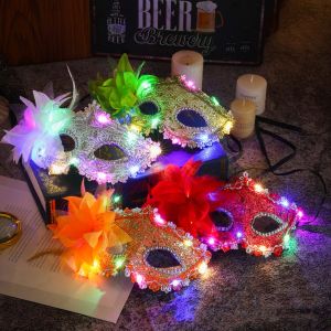 MIA ลูกไม้ปักลาย เรืองแสง LED พลาสติกทำจากพลาสติก ครึ่งหน้า ดอกไม้ขนนก คาร์นิวัล ไฟสว่างขึ้น เวนิส สาวๆ