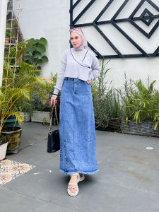 Bisa COD Rok Jeans Panjang Wanita Model Korea Style Rok Jeans Streetch Premium Wanita Best Seller