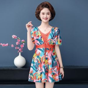 Đồ bơi nữ trung niên liền thân dáng váy cho các mẹ các bà tay ngắn cổ tim hoạ tiết hoa