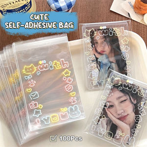 [haoh] 100Pcs Cartoon Graffiti Kitten Self-Adhesive Bags Candy Food Packaging Card Gift Bag Small Self Sealing Bag Transparent Opp Bag