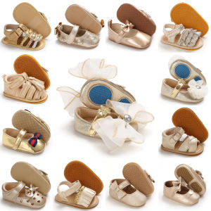 Gold Baby Shoes Binyag Girl Princess Toddler Shoes Newborn Bow Flats Fashion Christening Sandals 0-18M