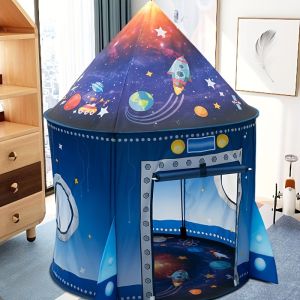 Space Rocket Play Tent for Kids - Indoor/Outdoor Portable Playhouse with Fiberglass Frame | Durable SIRIM-Certified Oxford Fabric | Birthday & Raya Gift for Ages 3-8 (Easy Assembly)