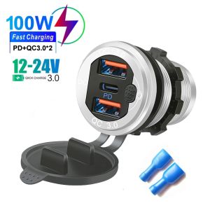 KEBIDU 100W Quick Charge 3.0 Dual USB PD Car Charger Fast Charge Socket with Switch Button for 12V 24V Car Boat Truck Marine