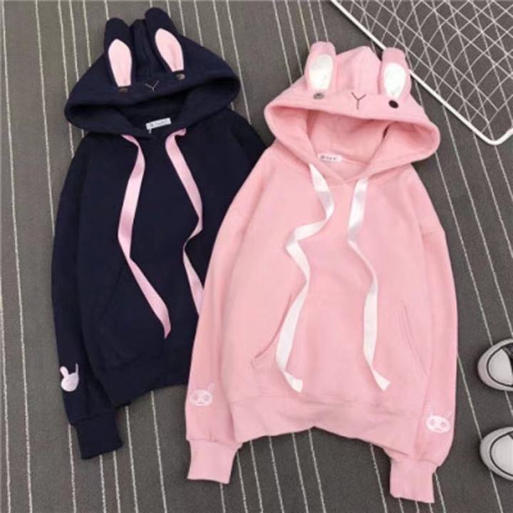 A10#Japanese embroidered rabbit ears thick hooded sweater female cute ...