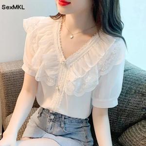 Summer Chiffon Lace Blouses Women 2026 Elegant Fashion White Blusas Femininas Casual Slim Vintage Puff Sleeve Ladies Tops Mujer2026