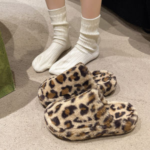 Ielgy dép đi len ấm nữ baotou cỡ lớn đế dày in da báo