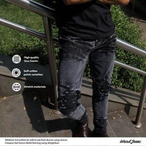 Weird Jeans - Venom Black - Celana Jeans Panjang Pria Warna Hitam Ripped Patch Skinny Fit Strech Nyaman Elegant