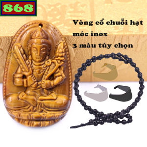 Mặt dây chuyền Phật Hư không tạng đá mắt hổ 2.2 x 3.6cm 2.9 x 4.5cm kèm vòng cổ hạt chuỗi đá đen + móc inox Phật bản mệnh