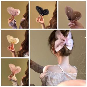 PENGY หวาน ที่หนีบผมรูปกลีบผีเสื้อ แบบเกาหลี ผ้า คลิปปลาฉลามตาข่ายประดับคริสตัล คลิปหนีบ หมวก ที่หนีบผมผู้หญิง ผู้หญิง