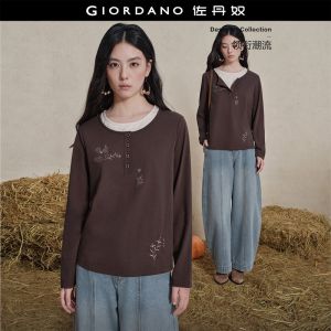 Giordano Women Fake two-piece embroidery long sleeve tee Free Shipping 18326232