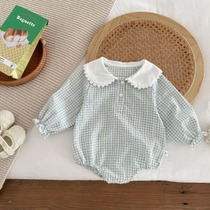 Infant Spring Autumn Long-Sleeve Diaper Cover Onesie - Doll Collar Baby Girl bodysuits Newborns Checkered Pure Cotton Clothing2026