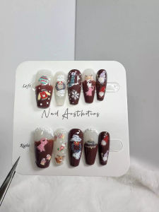 100% HANDMADE Artificial  Nails Art Christmas red nails elk snowflake Christmas socks nails autumn and winter light luxury nails  Phototpy Fake Nail Press on Nail Reusable And Removable With Free Glue