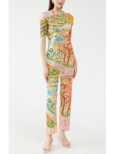 ❂☼ Aiden001 Average sizeSummer Tree Painting Small V-Neck Short-Sleeved Top Casual Trousers Pleated Suit Female 6111