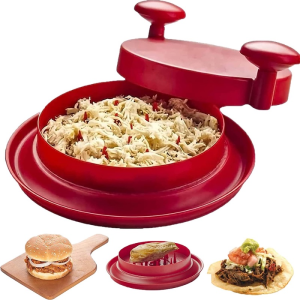 MeatShredder with Handles and Non-Skid Base for Ground Beef Pulled Pork and Chicken. Red kitchen utensil with handles and non-skid base. Shreds meat for burgers and tacos.