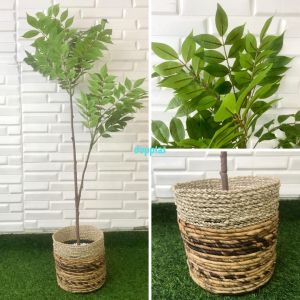 Pohon Artificial Daun Willow X2 Merah & Hijau Semilatex Cover Pot Anyaman Seagrass Variasi Warna Dekorasi Apartemen