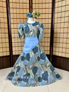 Elegant Floral Filipiniana Costume for Kids with Blue Bandana - New Traditional Costume for Children - Maria Clara