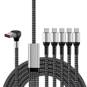 Multi Charging Data Cable for Cellphone 66W USB Fast Charging Cord 90 Degree USB A to 5 Type-C Male Splitter Cord
