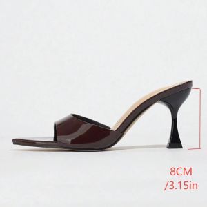 Liyke Summer 8CM Strange Thin Heels Slippers For Women Cozy Patent Leather Pointed Toe Slides Shoes Party Dress Mules Sandals For Women